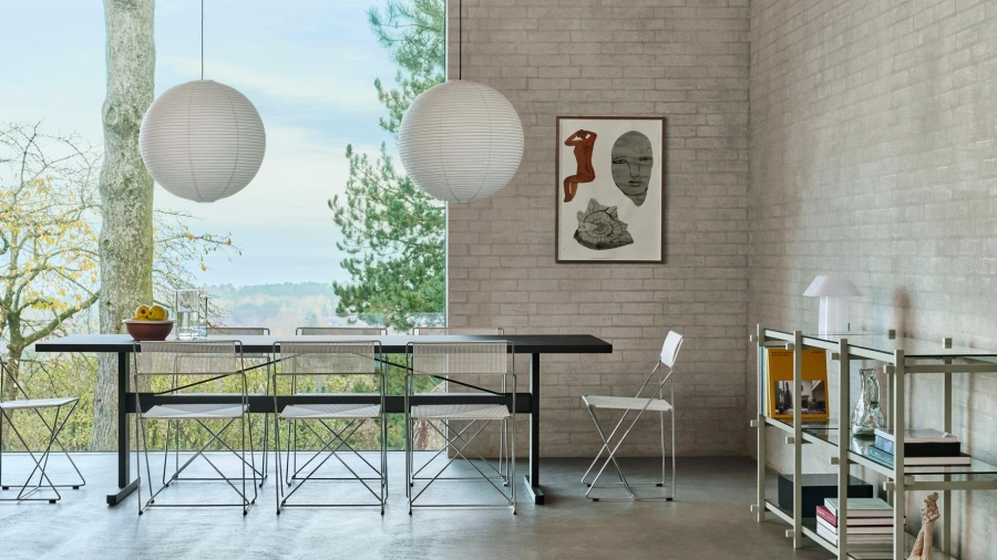 X-Line Chair Indoor black seat and back chromed frame_Passerelle Table black lino ink black frame_Paper Shade.jpg
