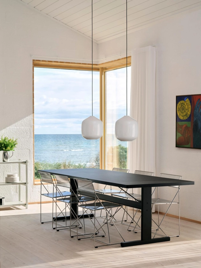 X-Line Chair chromed steel seat back and chromed base Indoor_Buoy Pendant glass 300 soft black cord set.jpg