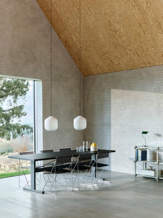 Buoy Glass Pendant_X-Line Chair Indoor black seat and back chromed frame_Passerelle Table black lino ink black frame.jpg