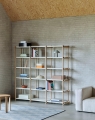 Woody Shelving High 2.0 almond white shelves soaped oak frame_Rey Stool golden_Check Rug light blue.jpg
