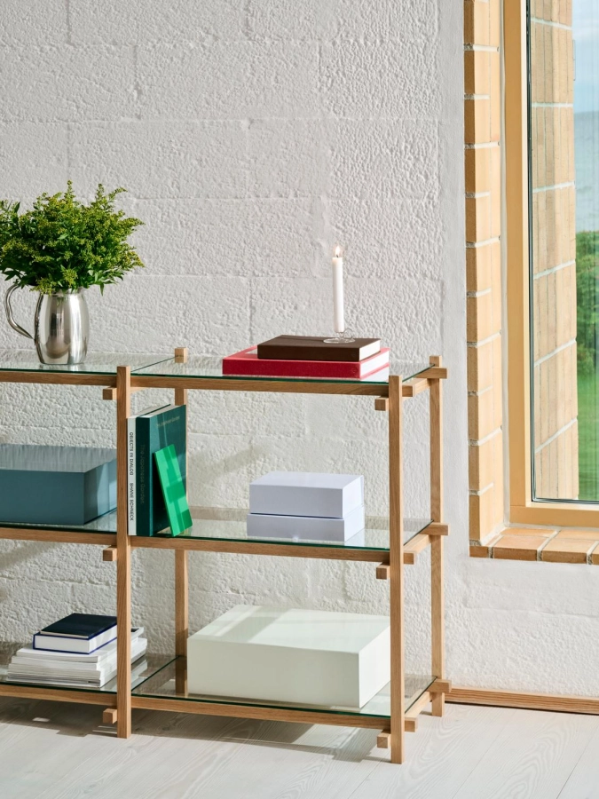 Woody Shelving Low 2.0 clear glass shelves and soaped oak frame.jpg