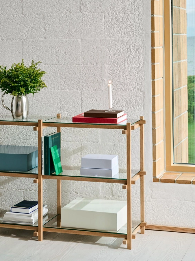 Woody Shelving Low 2.0 clear glass shelves and soaped oak frame.jpg