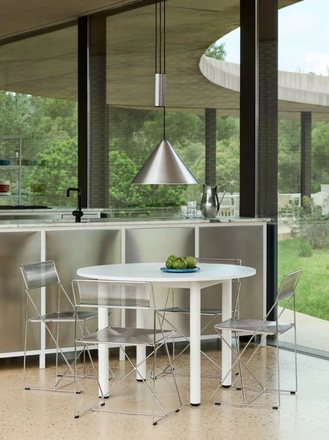 X-Line Chair chromed steel Indoor_Annex Table Round white laminate cream white legs_Compass Adjustable Pendant brushed alu.jpg
