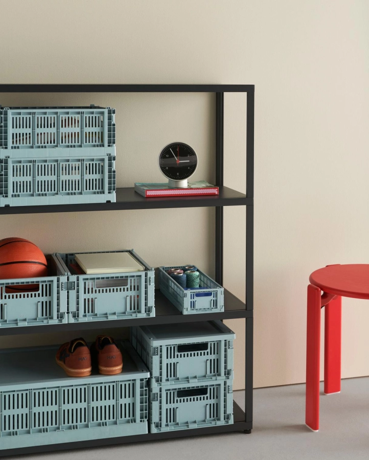 HAY Colour Crate dusty blue collection_New Order Shelving System charcoal_Table Clock white_Rey Stool scarlet red wb lacquer beech.jpg